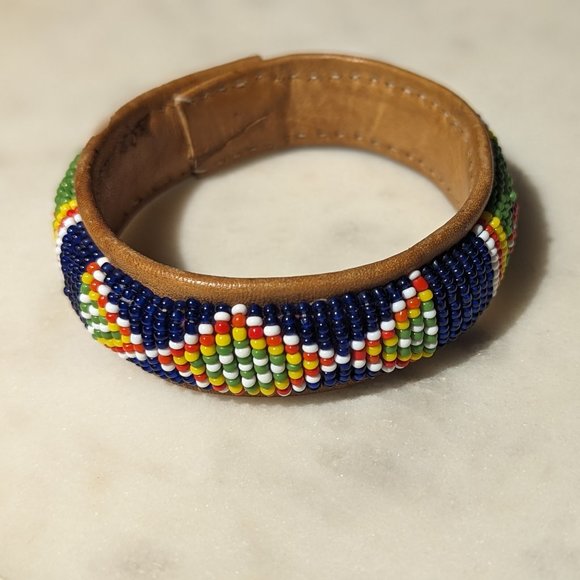Handmade Beaded African Leather Cuff Bracelet - Picture 2 of 6